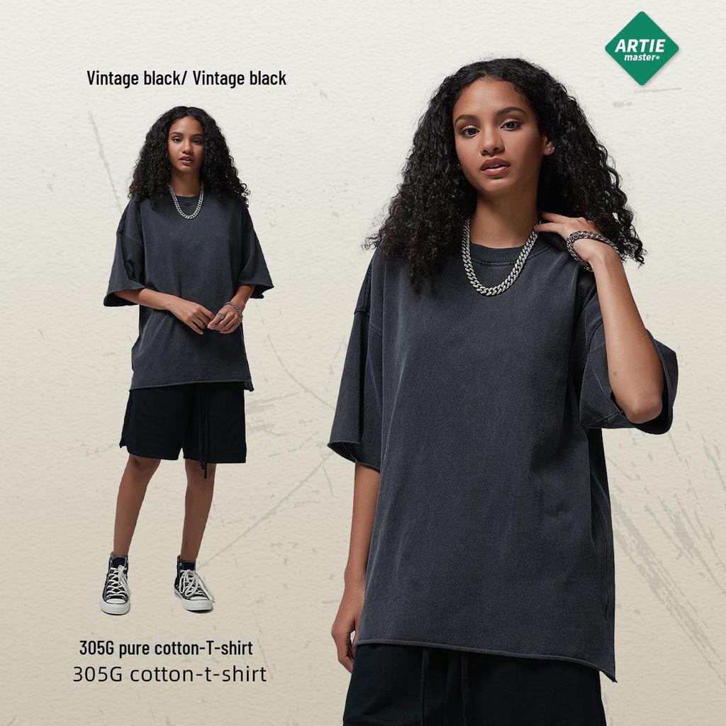 ARTIE Men's 2024 Spring/Summer Vintage Washed Curled Short-Sleeve T-Shirt - American Street Style.