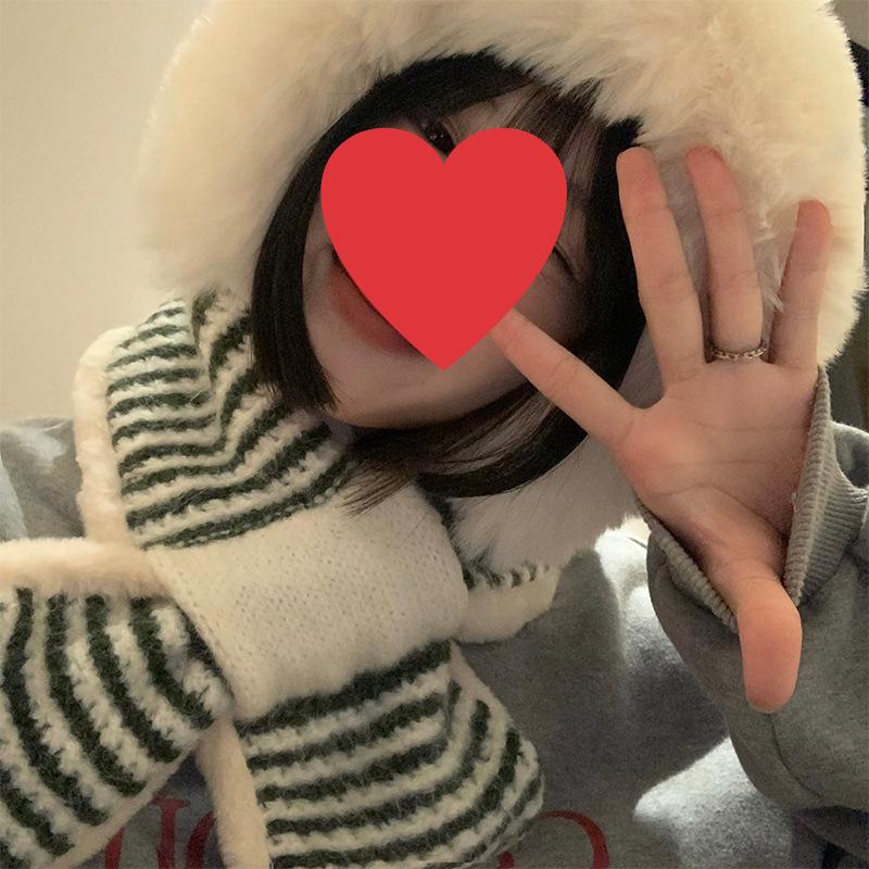 Striped plush hat scarf integrated female winter Korean version showing a small face cycling cold-proof knitted ear protector Lei Feng hat tide