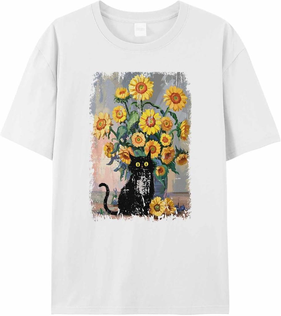 T Shirts for Women Graphic Tees Oil Painting Crew Neck Short Sleeve Shirts for Women Flower Black Cat Casual T-Shirt