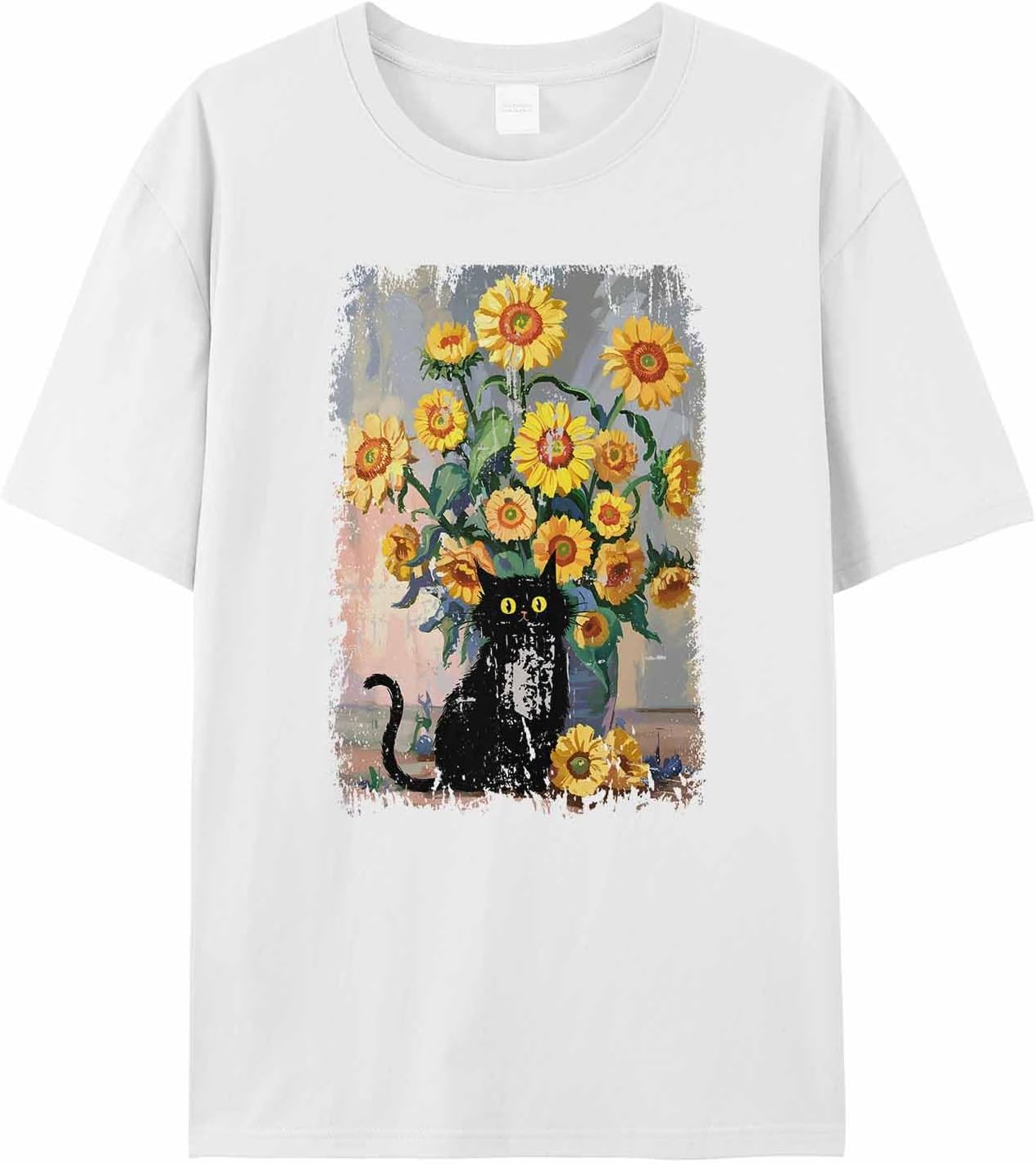 T Shirts for Women Graphic Tees Oil Painting Crew Neck Short Sleeve Shirts for Women Flower Black Cat Casual T-Shirt S разноцветный