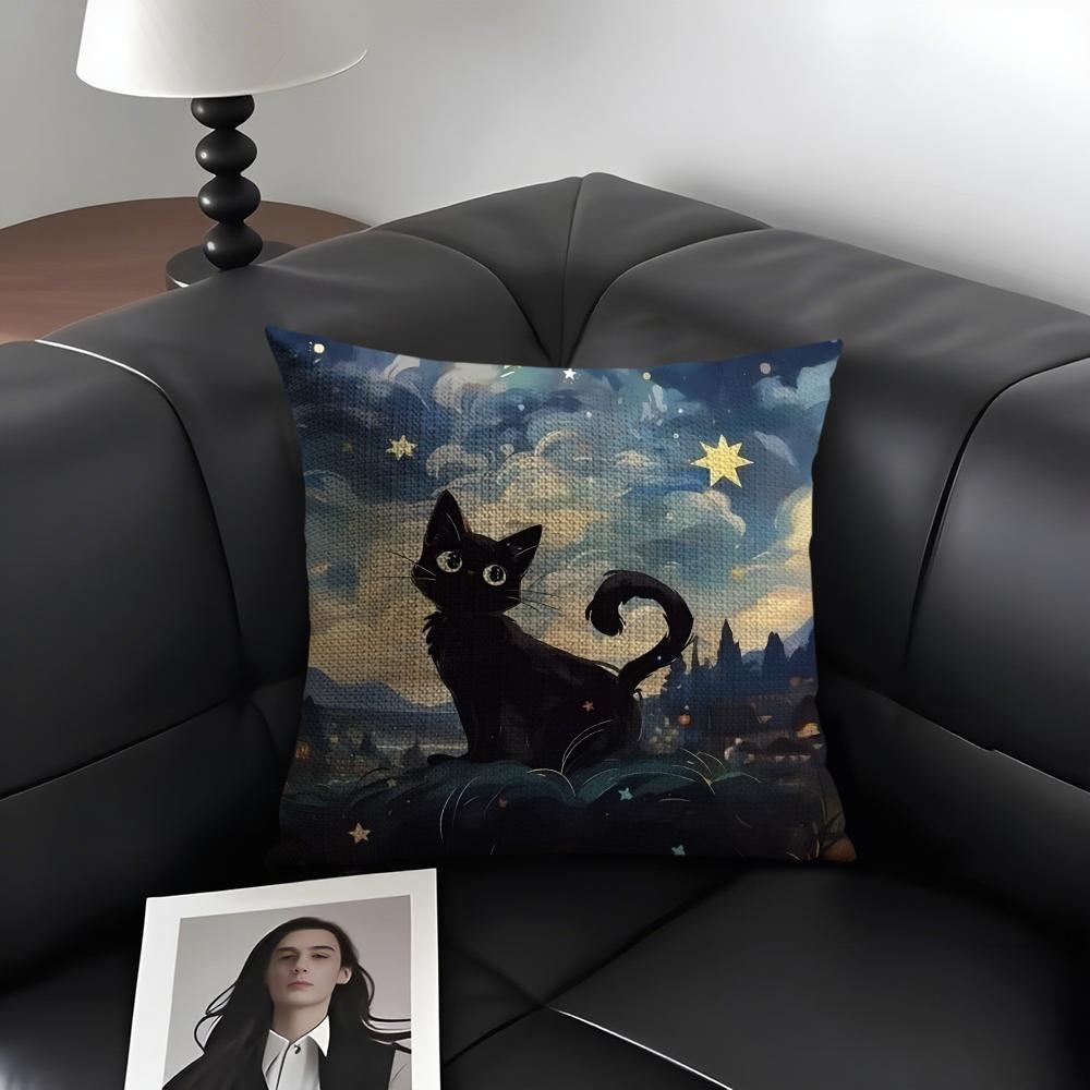 Black Cat Cute Cushion Cover Natural Linen Organic Fabric DoubleSided Printing Sofa Home Decor Gift Pillow Case