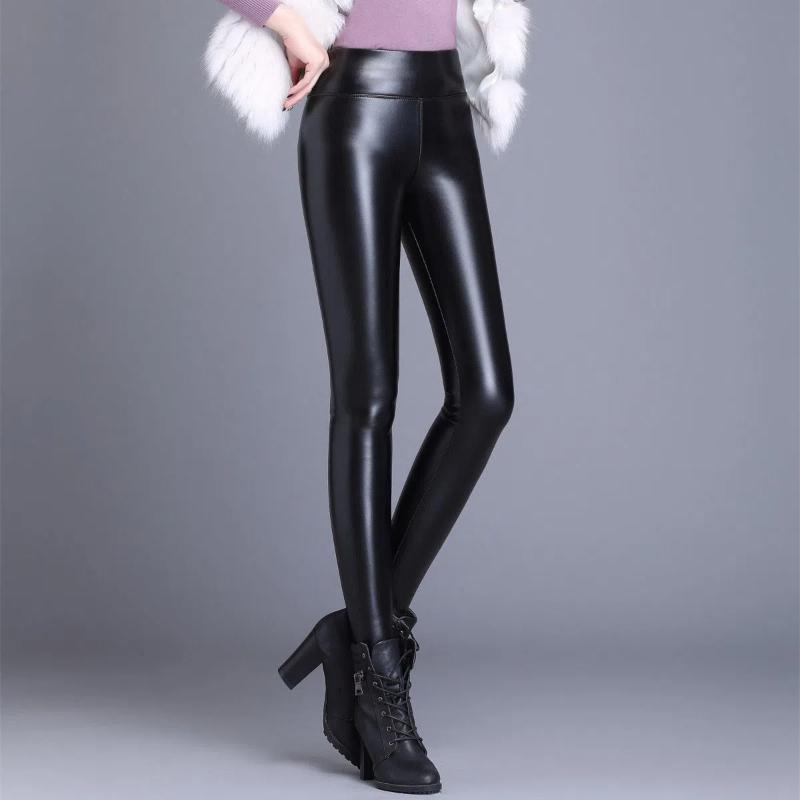 Warm PU Leather Pants Women Tight High Waist Thickened Lamb Velvet Autumn Winter Base Trousers