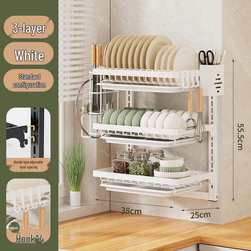 No-Punch Wall-Mounted Dish Drying Rack with Plate and Chopsticks Holder