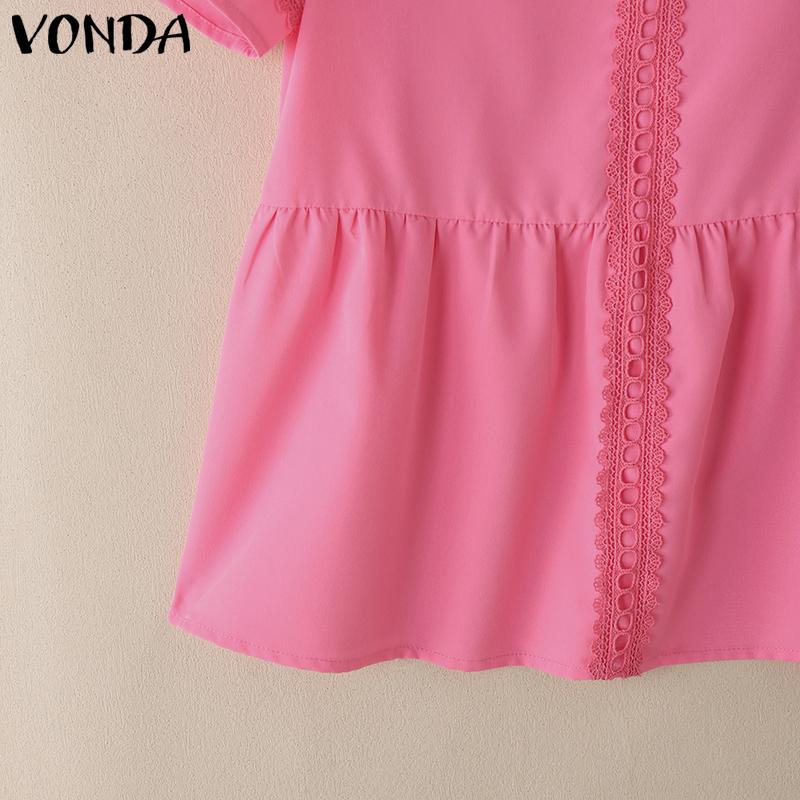 VONDA Women Short Sleeve Blouse Casual Lace Crochet Hem Hollow Tops