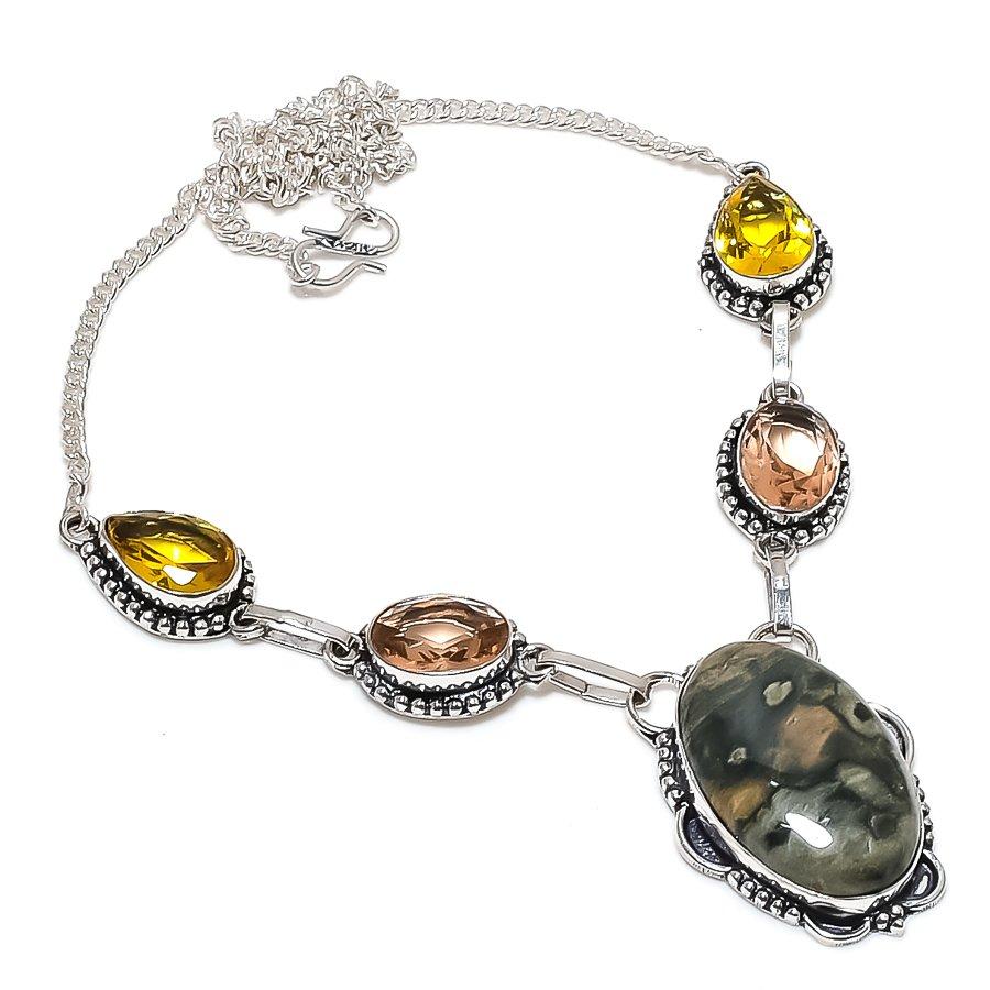 Natural Ocean Jasper, Morganite 925 Sterling Silver Jewelry Necklace 18" h3G75