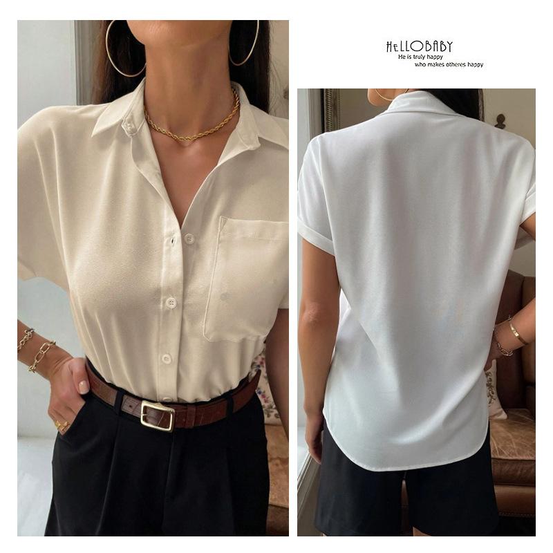 Summer Color Ding V-neck Shirt Women's Solid Color Satin Short Sleeve Casual Button Shirt Blouses & Shirts