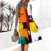 Plus Size V Neck Sleeveless Dress Green Valley Waterfall Painting Print For Country Hiking Journey