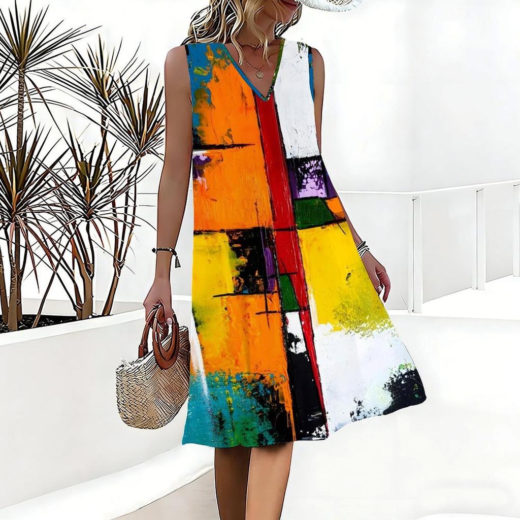 Plus Size V Neck Sleeveless Dress Green Valley Waterfall Painting Print For Country Hiking Journey