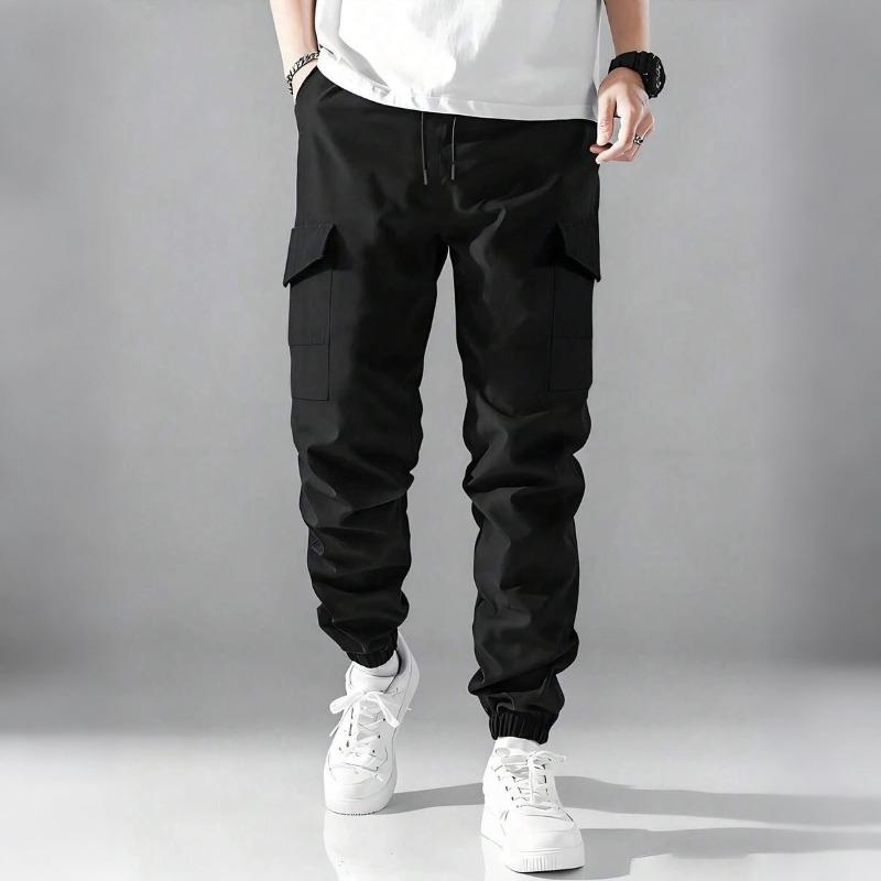Mens American Style Multi Pocket Drawstring Casual Workwear Cargo Long Pants S чёрный