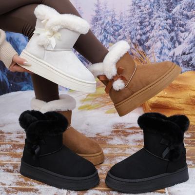 Women Boots Fashionable Bow Round Toe Elegant Snow Boots Winter Flat Wear-resistant Soft Students Plus Velvet Warm Women Shoes