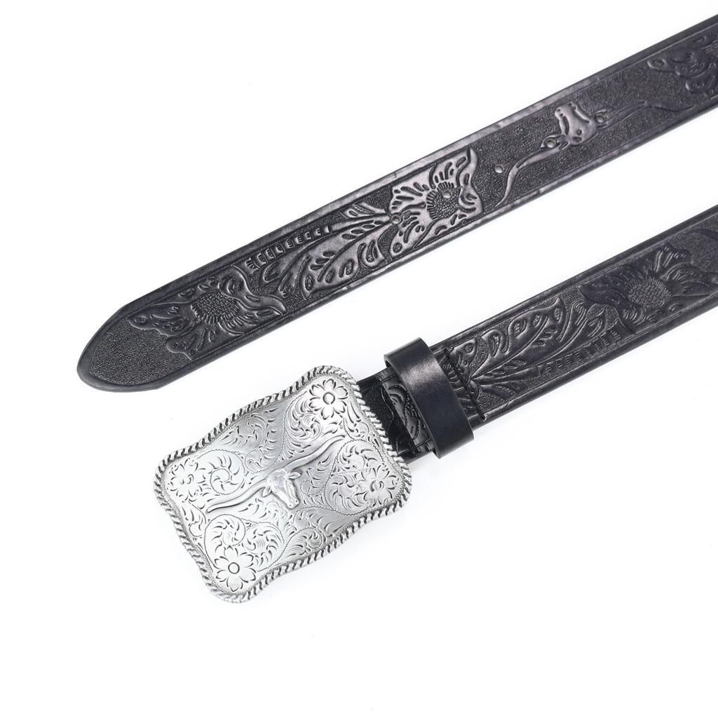Western Denim Belt Engraved Large Plate Buckle Retro Silver Green Men'S Punk Pu Leather Fried Street Belt