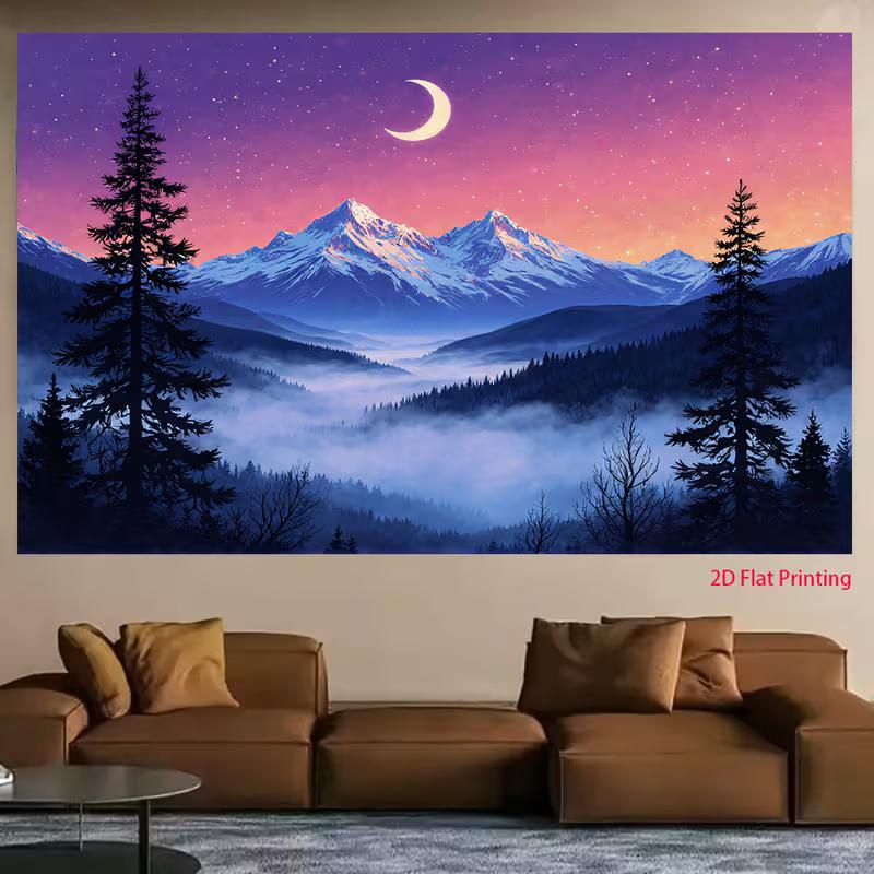 2D Nature Scenery Mountain Moon Background Cloth Decor