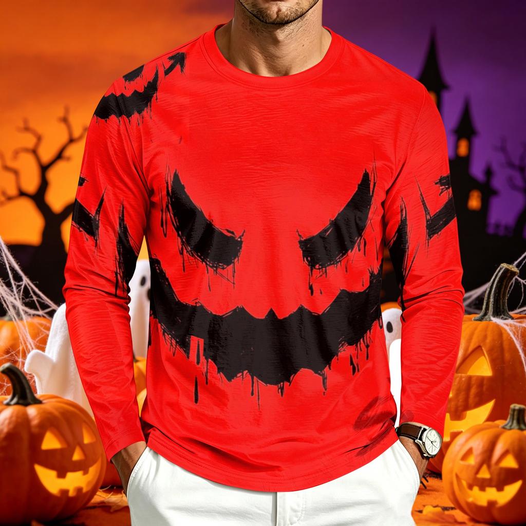 Men's Casual Long Sleeve Round Neck T-Shirt with Halloween Print for Holiday Parties