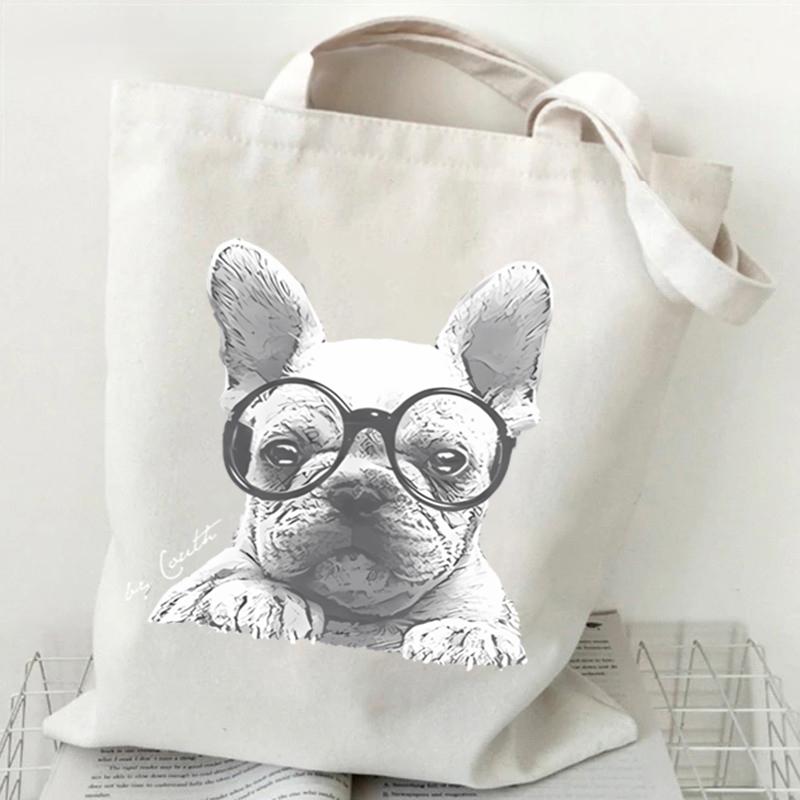 French Bulldog Heart Print Women's Handbags Animals Lover Design Canvas Shopping Bag Women French Bulldog Reusable Shoulder Bag