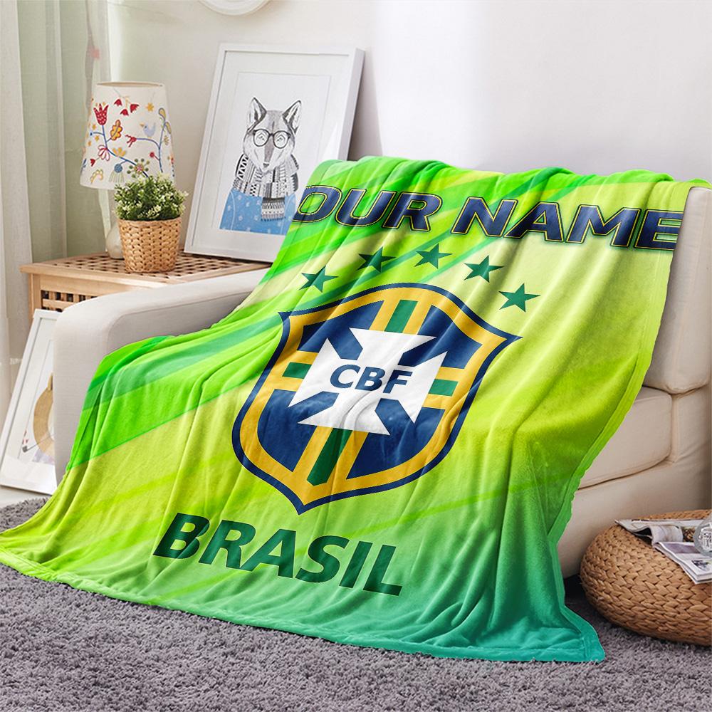 Custom Name Brazil Football Confederation Flannel Blanket, High quality Comfortable for All Seasons, Home Decor, Warmth and Comfort
