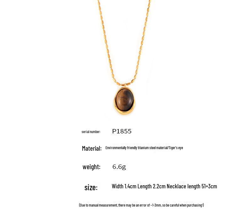 French-Inspired Oval Tiger Eye Pendant Necklace - 18K Gold-Plated Titanium Steel