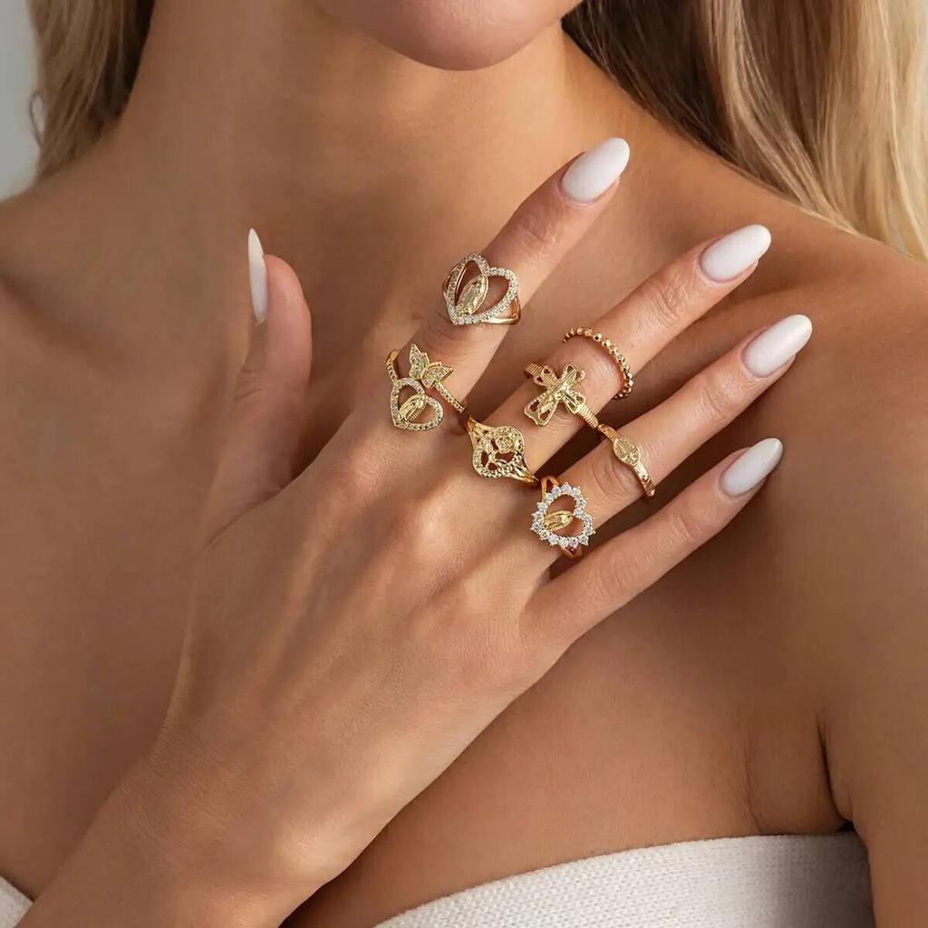 IngeSight.Z 7Pcs Trendy Vintage Heart Rhinestone Rings Women Exquisite Metal Butterfly Chic Open Knuckle Ring Charm Jewelry Set