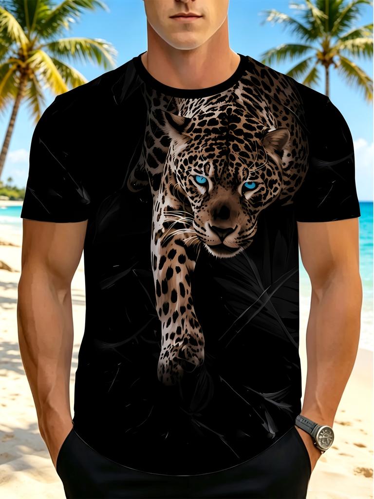 Men's Leopard Print T-Shirt - Loose Fit Crew Neck Short Sleeve with Animal Pattern, Casual Summer Shirt Suitable for Casual Attire, Machine Washable &