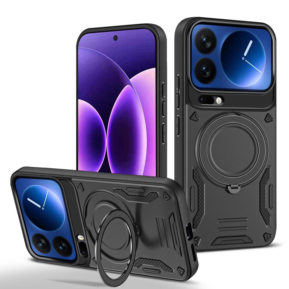 Magsafe Draadloze Oplaadbare Armor Case voor Xiaomi 17 ProMax Magnetische Ringhouder Stands Len Volledige Spiegel Cover Kickstand Cover for Xiaomi 17 ProMax zwart
