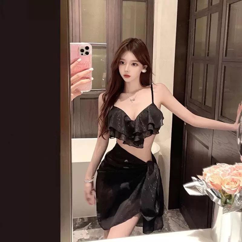 Dámská černá sexy bikiny halter třídílná plavková souprava na pláž 2025