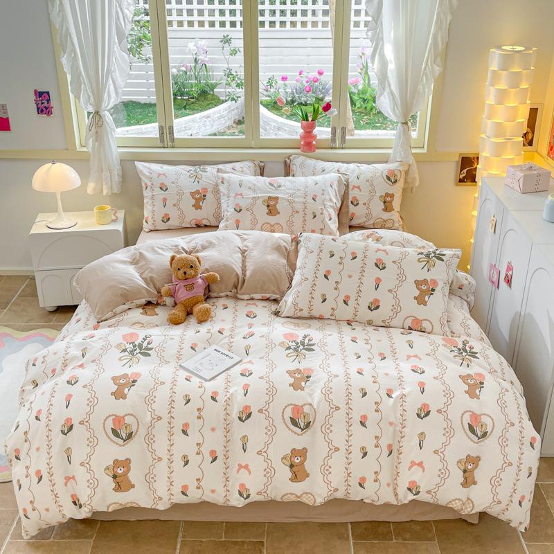 Girl Heart Fresh Small Floral Bedding Four-piece Set Washed Cotton Dormitory Bed Single Three-piece Set