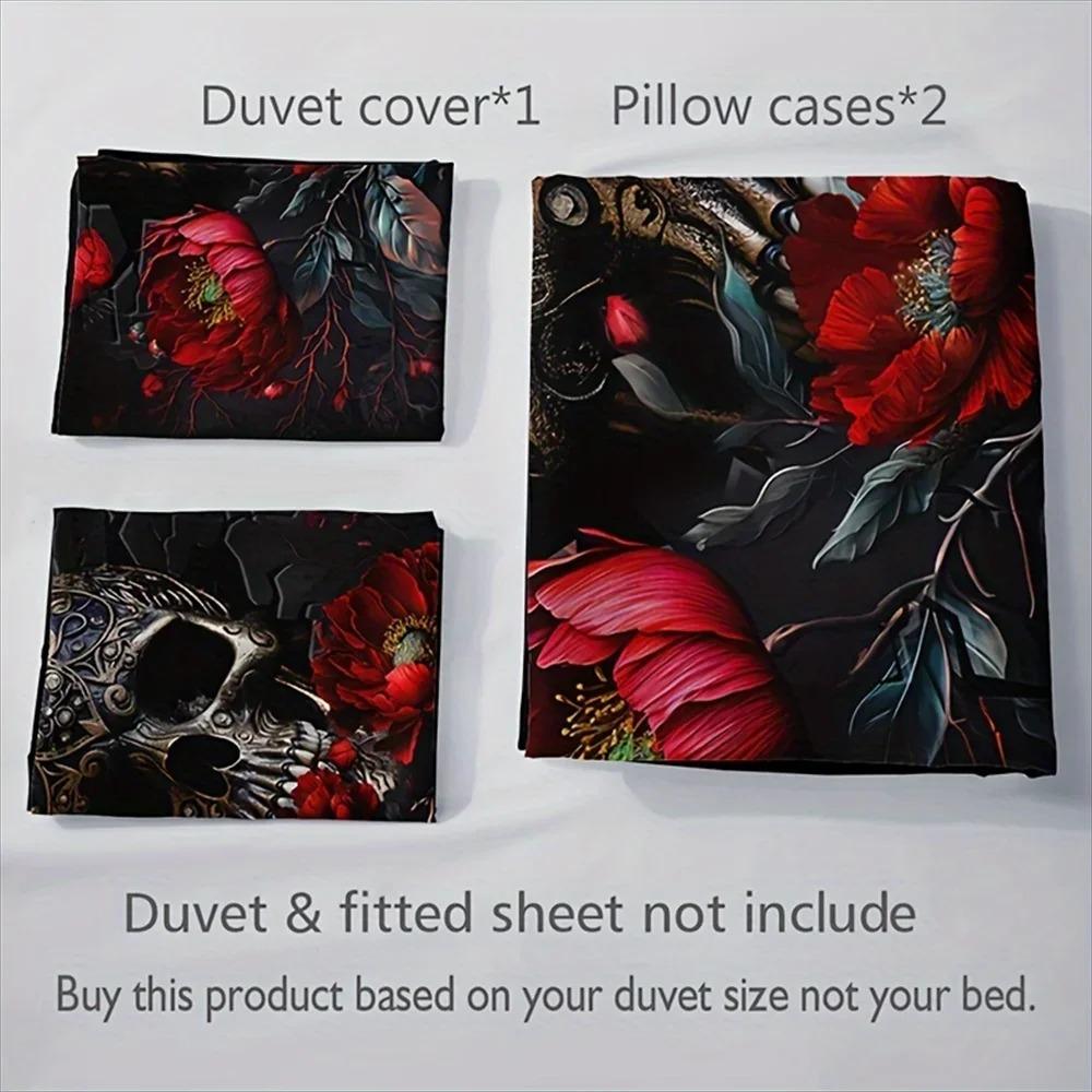3-Piece Gothic Skull Floral Duvet Cover Set - Soft Breathable HD Printing Bedding for Home Dorm Decor - Halloween Themed, Comfor