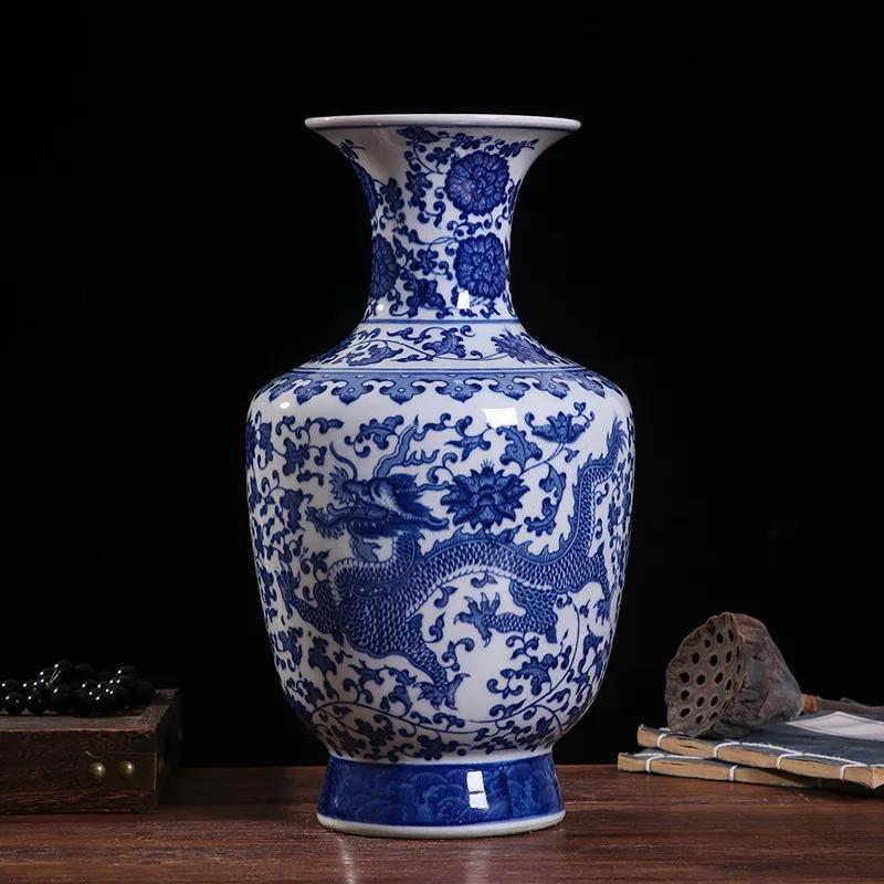 33cm/Jingdezhen Ceramic Vase Chinese Blue and White Porcelain Antique Living Room Home Flower Arrangement Vase Home Decoration O
