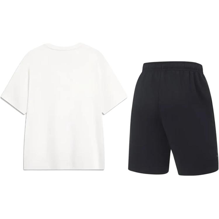 Li Ning Logo Print Simple Comfortable Skin-Friendly Versatile Round Neck Short Sleeve Mid-Waist Tied Shorts Casual Sports Set YHSV373-1+AKST543-3