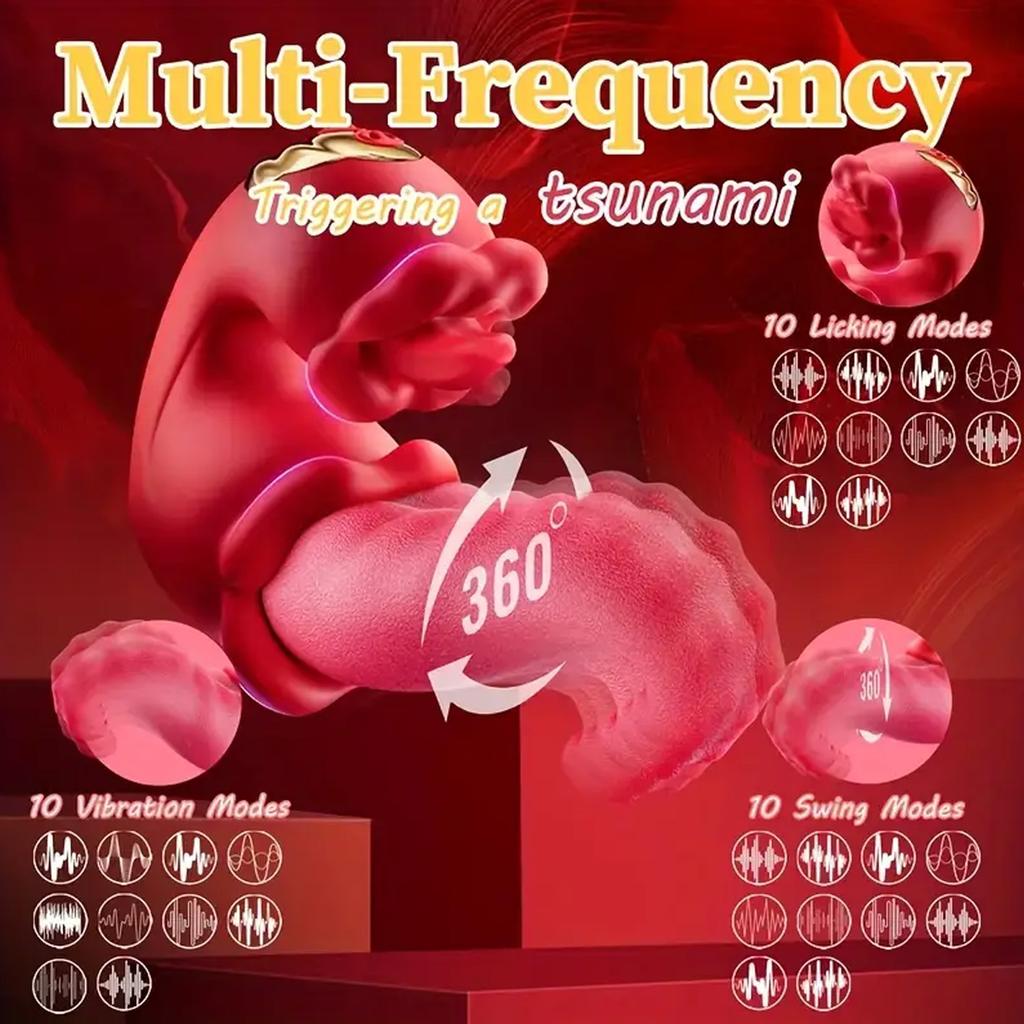 4 In 1 Tongue Push Vibrator Rose Toys 10 Licking and Swaying Patterns Dildo Pleasure Tools
