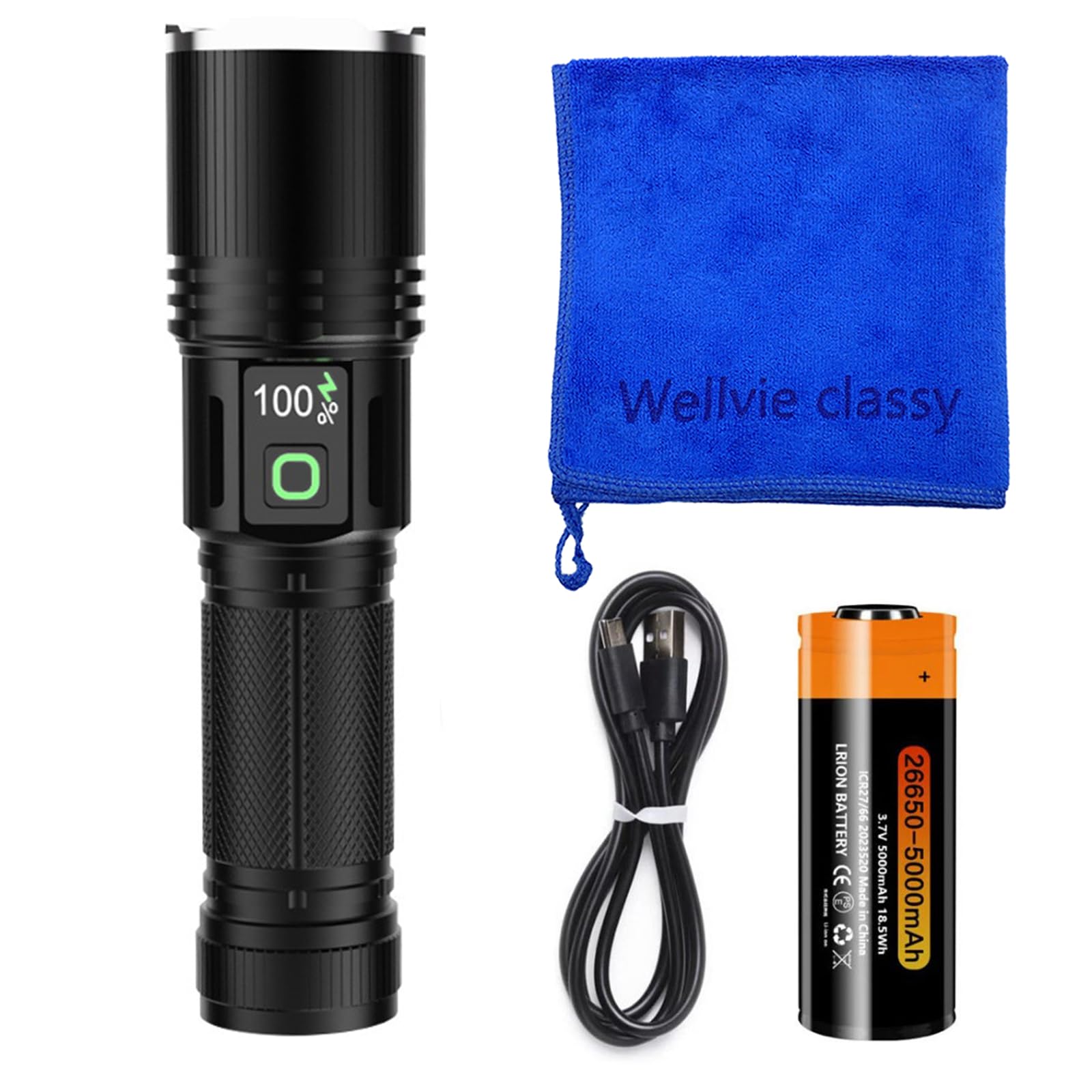 

Wellvie Classy Lumen Ultra Rechargeable LED Flashlight Digital Power Indicator Adjustable Zoom IP65 Waterproof and Home Light [High & Bright] чёрный