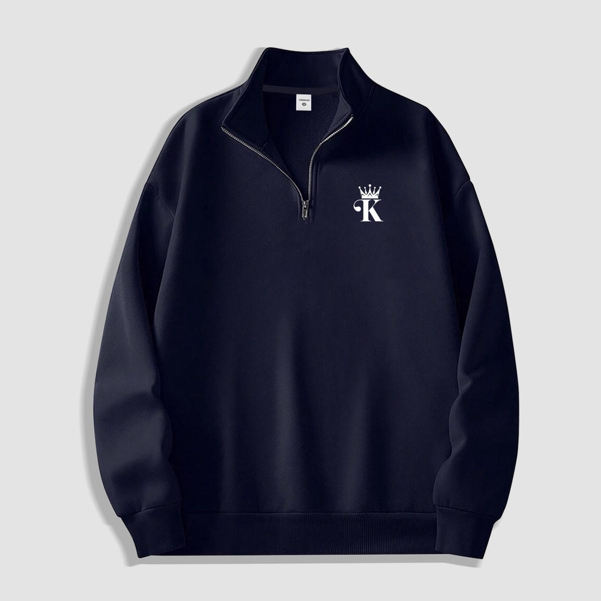 

Crown “K” Print Half-Zip Sweatshirt: Relaxed-Fit Stand-Up Collar Pullover (Unisex) XXL темно-синього кольору
