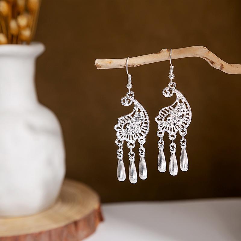 Miao Silver Tassel Dangle Earrings: Ethnic-Style Studs for Women