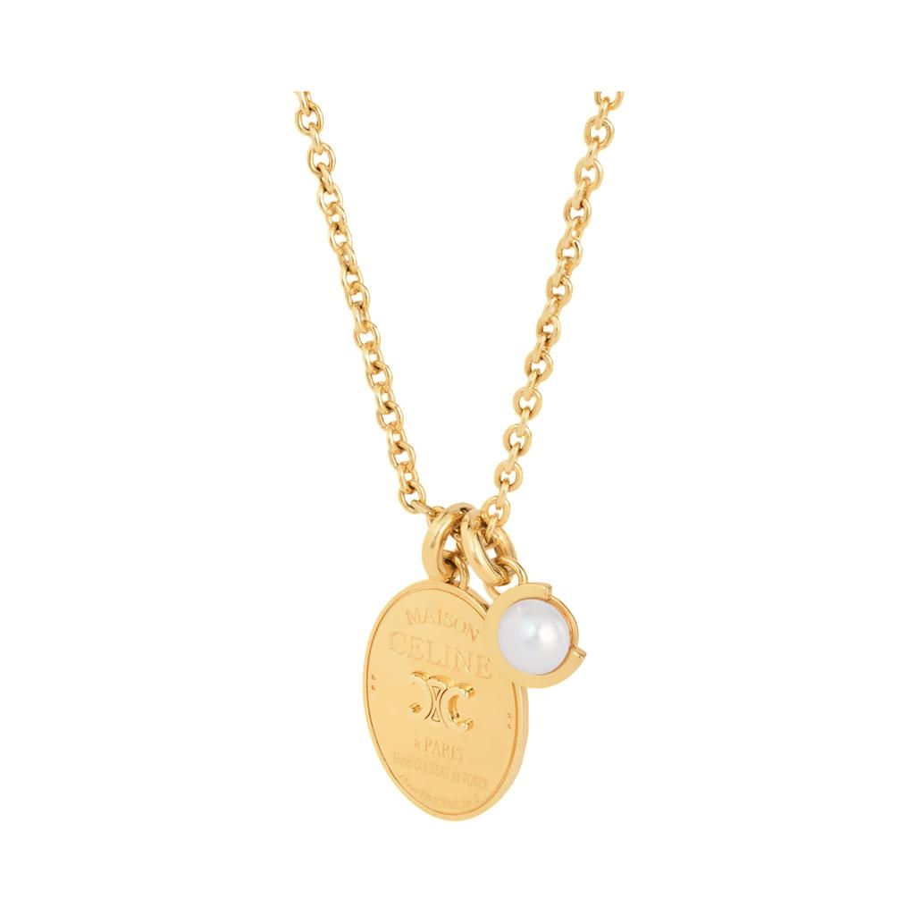 Celine Les Perles Celine Medal Necklace In Resin Pearl and Brass with Gold Finish Gold Ivory