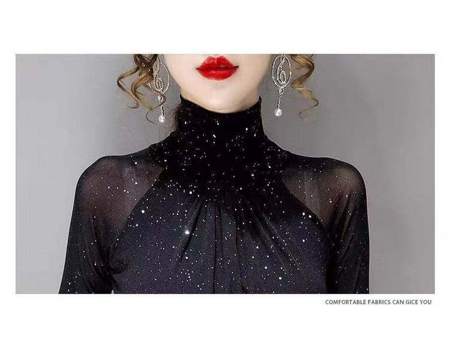 Women's Slim Fit Semi-High Neck Mesh Sequin Top - Long Sleeve, Autumn/Winter 2025