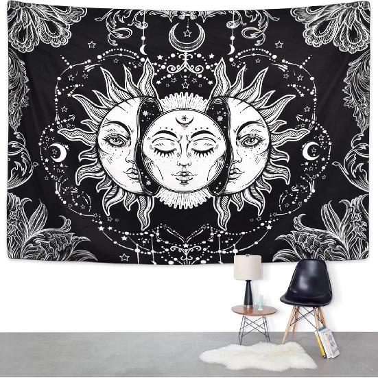 Ftuency Sun and Moon Tapestry, Black and White Tapestries Mystic Burning Sun with Star Wall Hanging decor for Bedroom (59" W x 51" L)