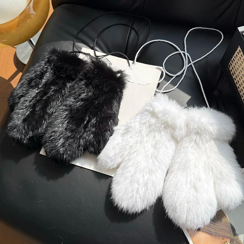 Winter Women Real Rabbit Fur Gloves Natural Thick Style Rabbit Fur Mittens Outdoor Girls Keep Warm Hand Knitted Fur Glove