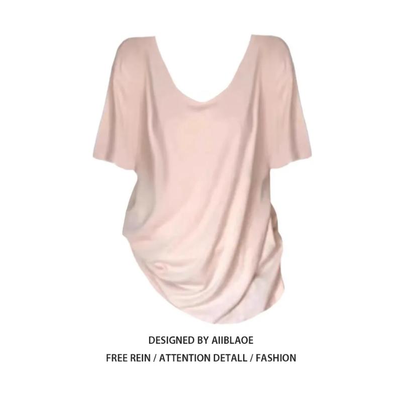 Frühling Sommer Damen Rosa Raffung Umstandsshirt Locker V-Rücken Kurzarm Schwangerschaftstop