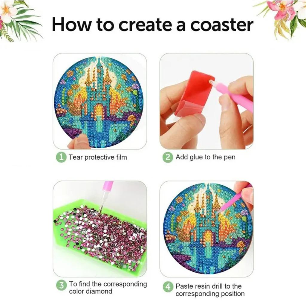 8 kusů/sada podtácků se vzorem diamantového hradu, DIY podtácky s držákem, Vhodné pro začátečníky a dospělé, Dárky pro umělecké a řemeslné potřeby