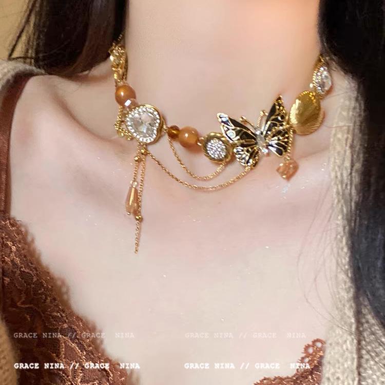 Náhrdelník s motýlem pro ženy od Meilaide Heavy Industry: Punk, Sladký, Cool Horká Holka Kožený Choker, Vintage Klíční Kost Řetízek