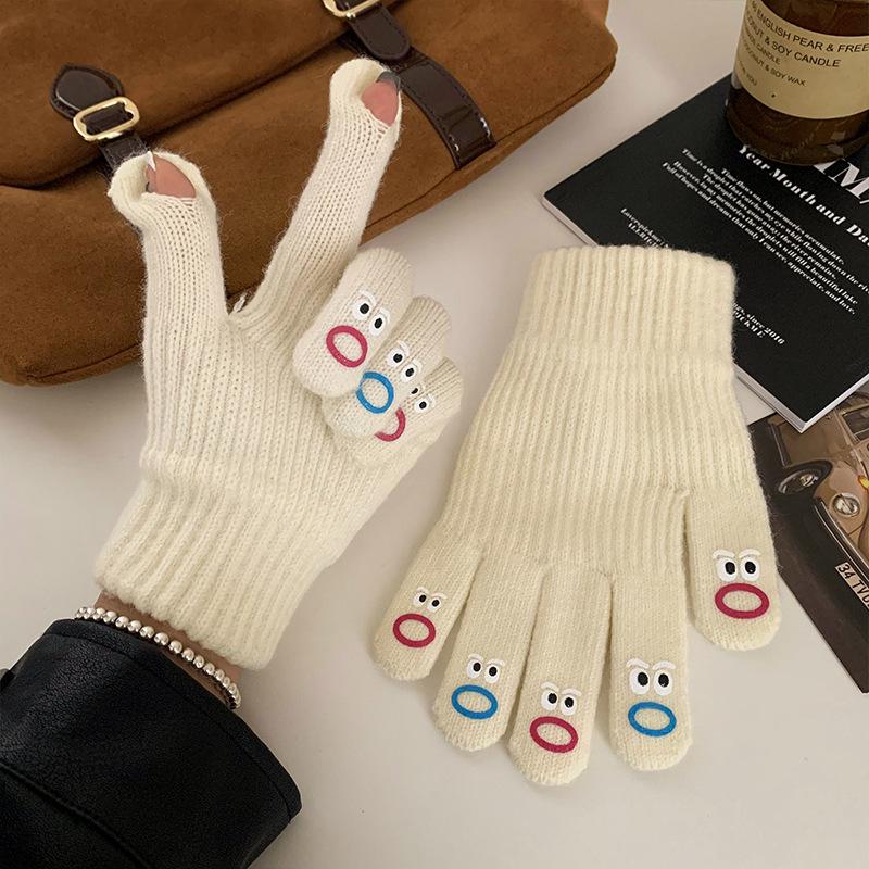 Cute Solid Color Knitted Wool Warm Gloves for Women In Winter with Fingerless Touch Screen Students with Split Fingers To Prevent Cold Cycling Cartoon