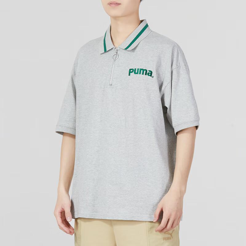 Puma Logo Print Zip-Up Short Sleeve Polo Shirt Men Tops Grey 622541-04