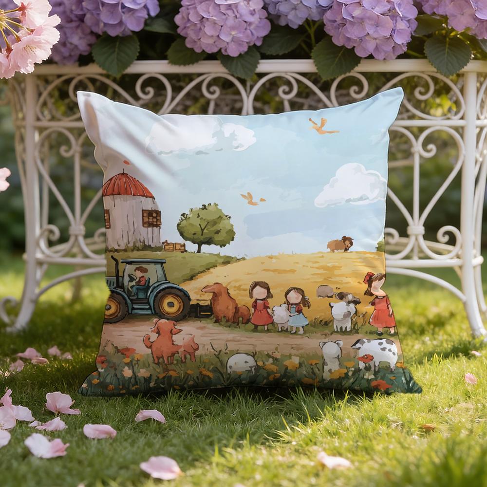 Colorful Farm Painting Cushion Cover Home & Car Dual-Scene Pillow Cover: Reversible for Premium Comfort