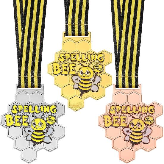 Remuuly 3 Pcs Spelling Bee Honeycomb Medals Gold, Silver, Bronze Spelling Bee Award Medals with Neck Ribbon for Kids Adults Competitions Trophy Party 3