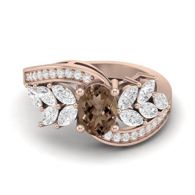 7X5mm Oval Smoky Quartz 925 Sterling Silver Rose Vermeil Solitaire Leaf Design Bypass Women Wedding Ring