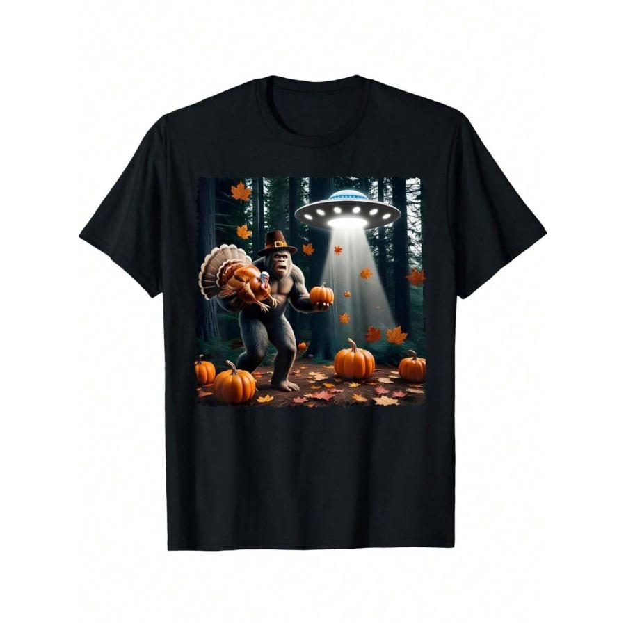 

Bigfoot Sasquatch Turkey UFOs Funny Thanksgiving Day Pumpkin T-Shirt Funny Graphic Tshirts For Men Women Round Neck Loose Cas... 5XL