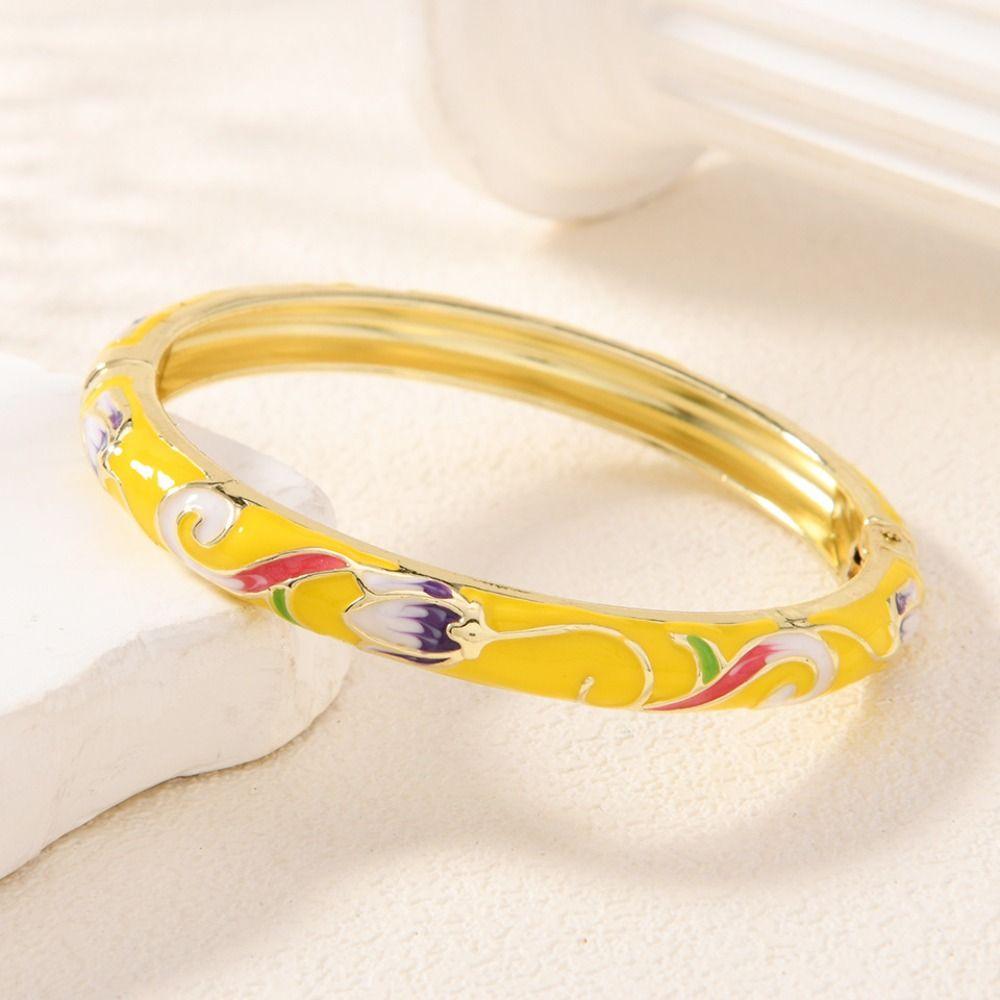 Traditional Lotus Flower Bangle Open Cheongsam Bracelet Hawaiian Chinese Cloisonne Bracelet Daily