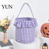 Easter Egg Hunt Carriers Halloween Basket, Plaid Ruffle Trick or Treat Candy Bucket with Handle Cloth Gift Bags for Birthdays Kids, Reusable