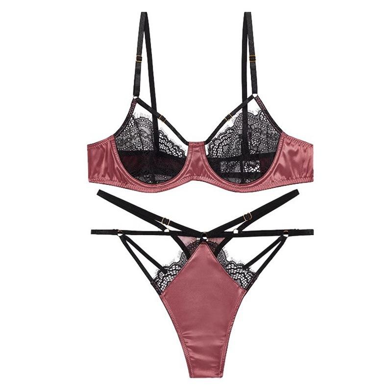 Ultra-thin sponge-free transparent bra, big chest and small lace satin bra, women's sexy underwear, bra set.