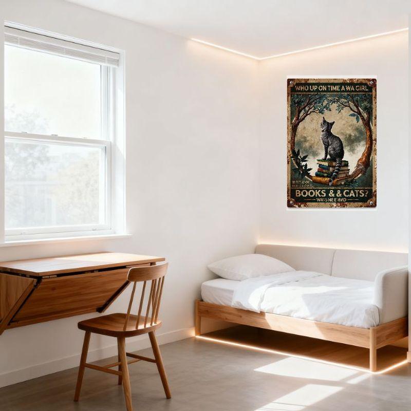 Vintage Whimsical Cat on Books Metal Sign - Gray Tabby Cat Tree Arch Retro Tin Sign for Home Cafe Bar Wall Decor, 'Who Up On Tim