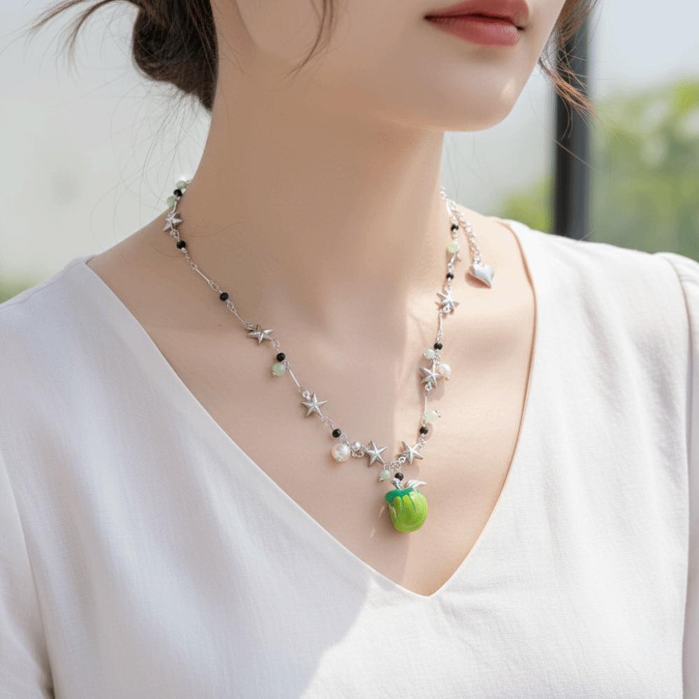 Layered Green Fruit Choker Enamel Sweet Dainty Chain Fairycore Piece Stud Earrings Dating